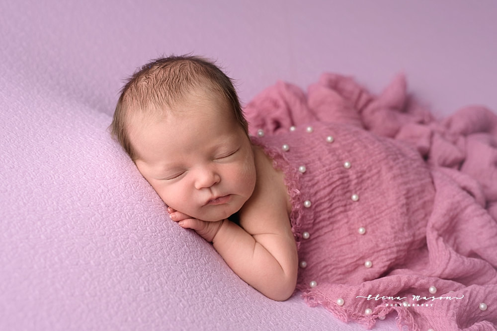 newborn baby girl in pink, Belfast baby photographer, Elena Mason Photography