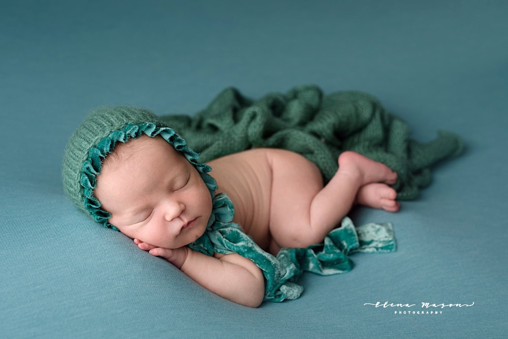newborn baby girl in blue, Belfast baby photographer, Elena Mason Photography