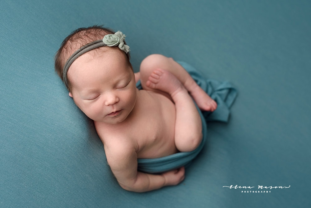 newborn baby girl in blue, Belfast baby photographer, Elena Mason Photography